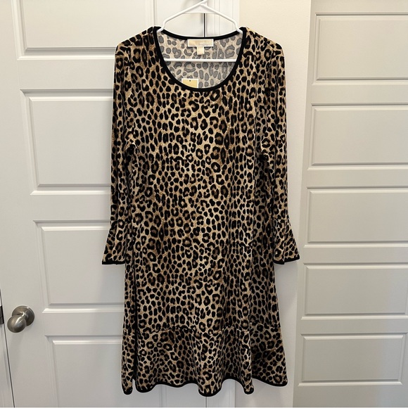Michael Kors Cheetah Print Matte Jersey Flounce Sleeve A-Line Dress SZ XL - Picture 4 of 8